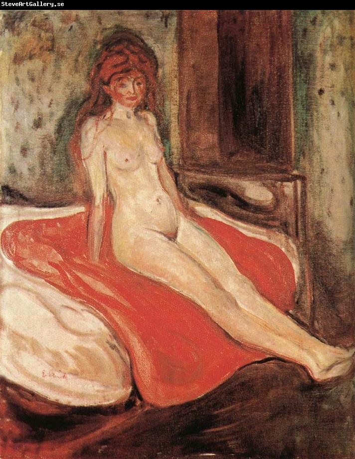 Edvard Munch The Gril sitting on the red quilt